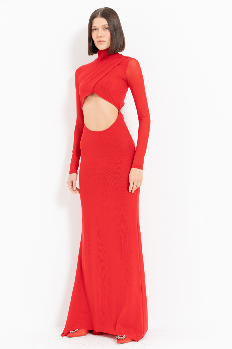 Wholesale Red Cut Out Waist Mesh Maxi Dress