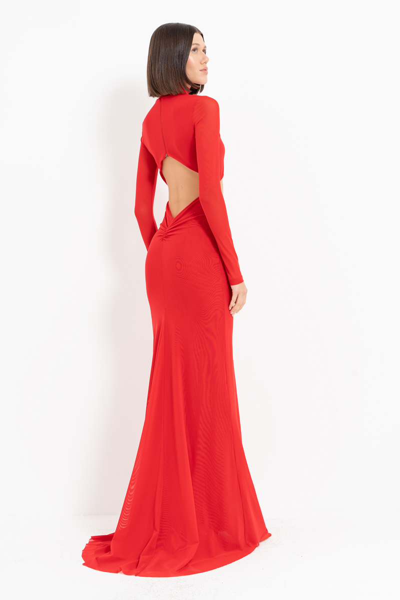 Red Cut Out Waist Mesh Maxi Dress