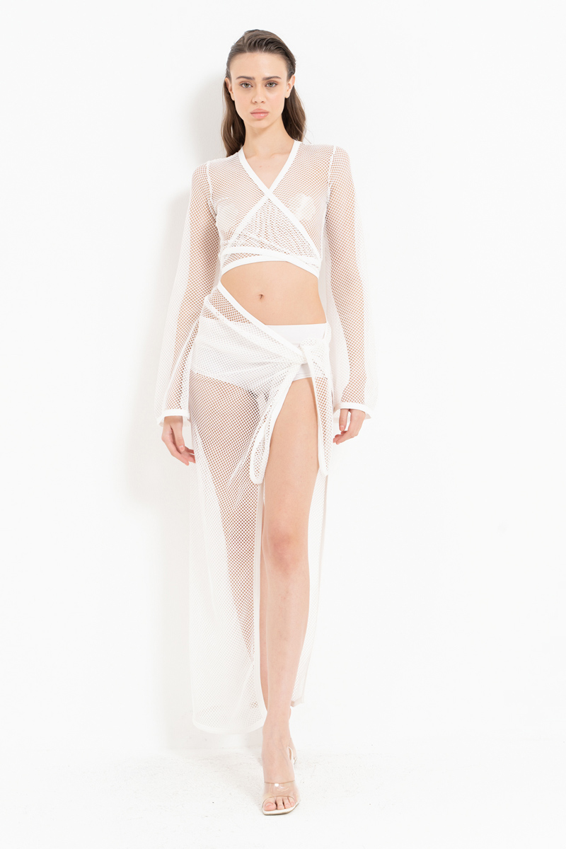 Offwhite Two Way Tie Net Top & Skirt Set
