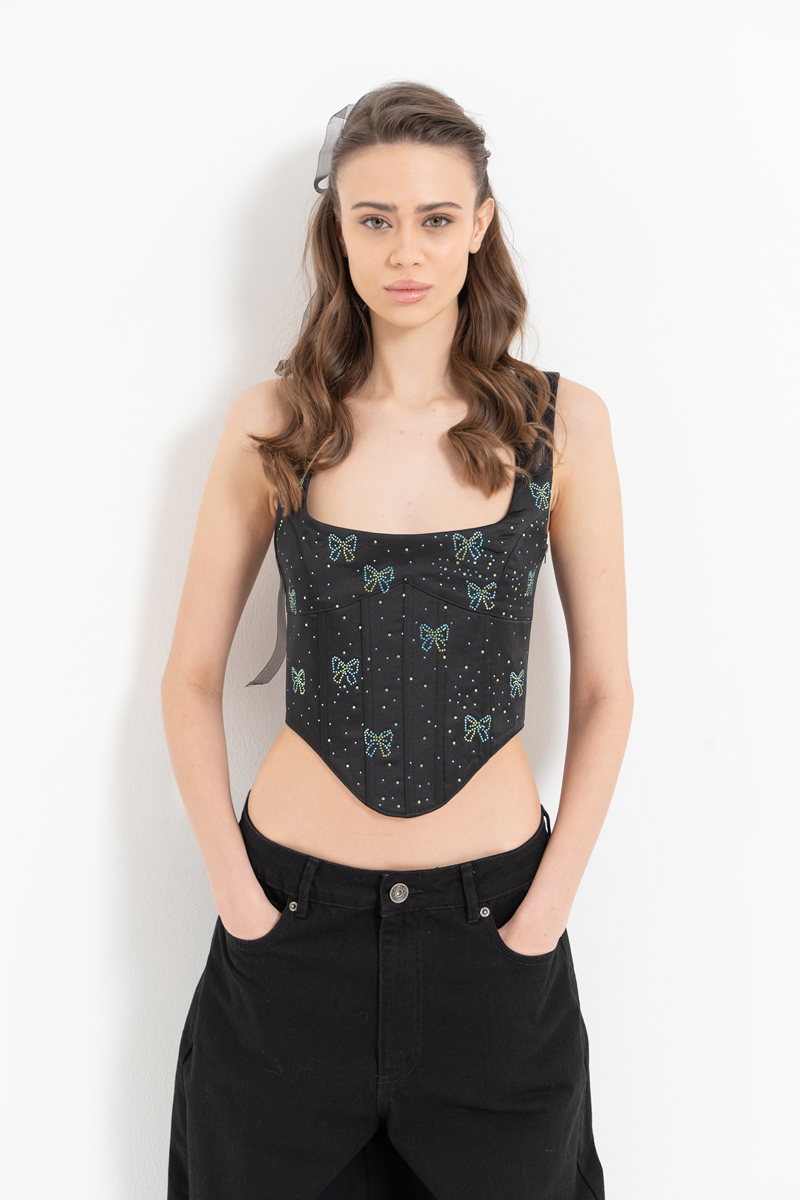 Black Embellished Wired Satin Bustier