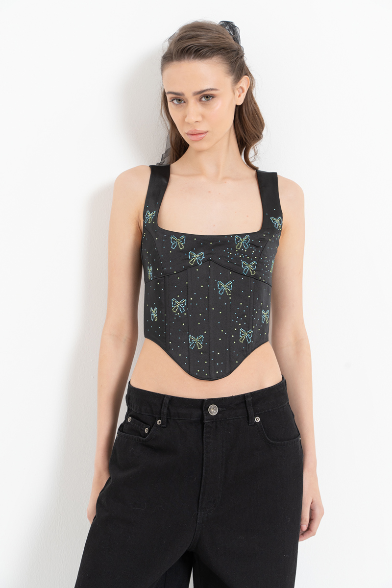 Black Embellished Wired Satin Bustier