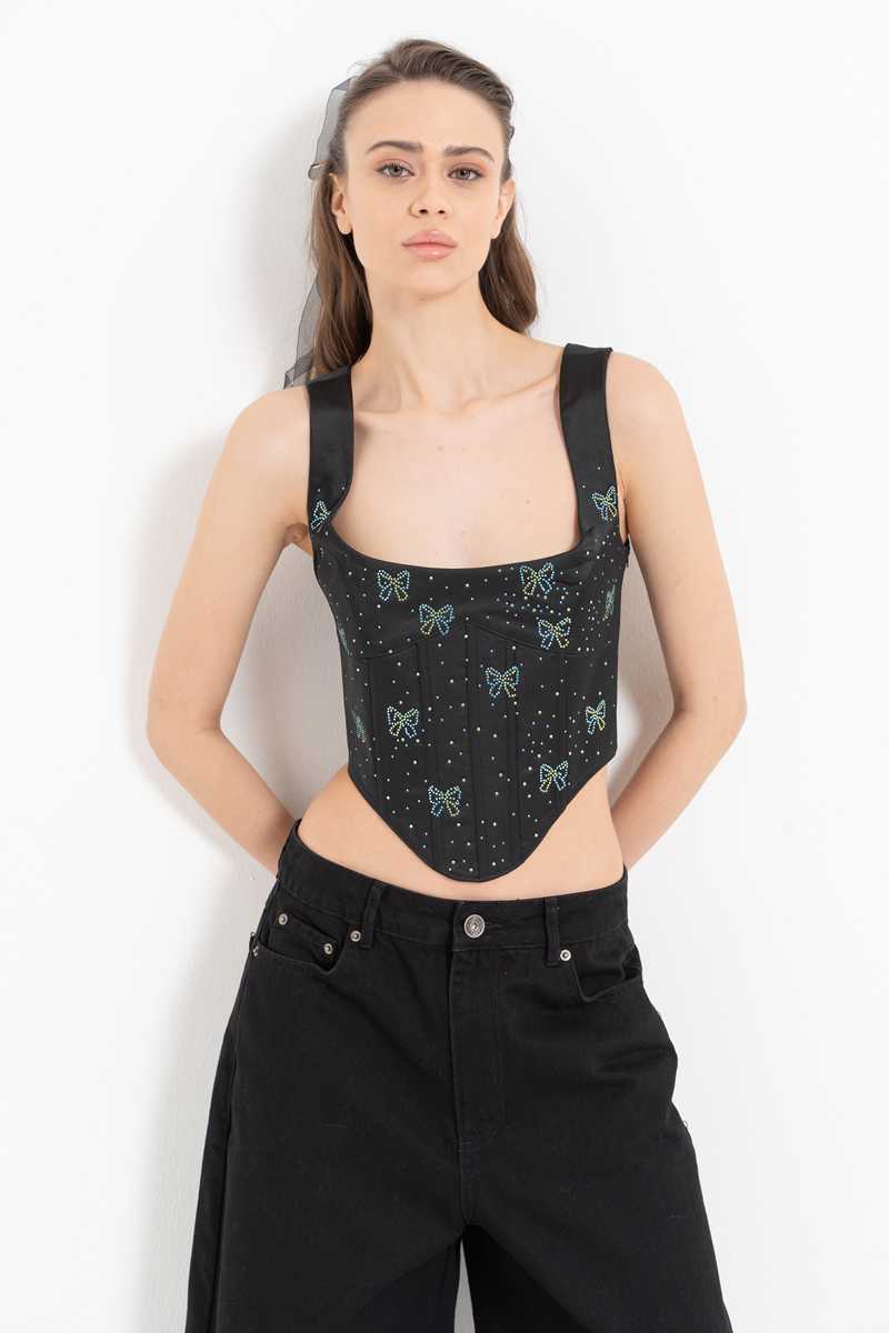 Black Embellished Wired Satin Bustier