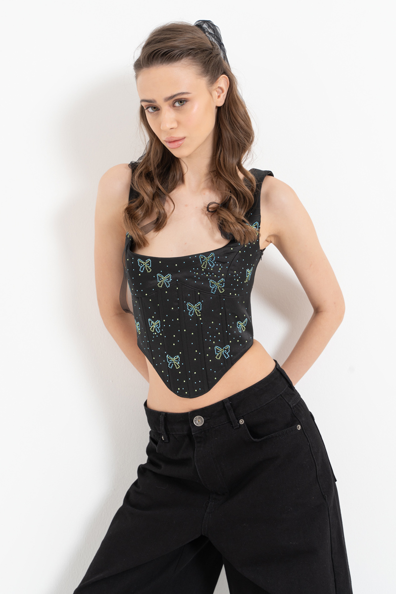 Black Embellished Wired Satin Bustier