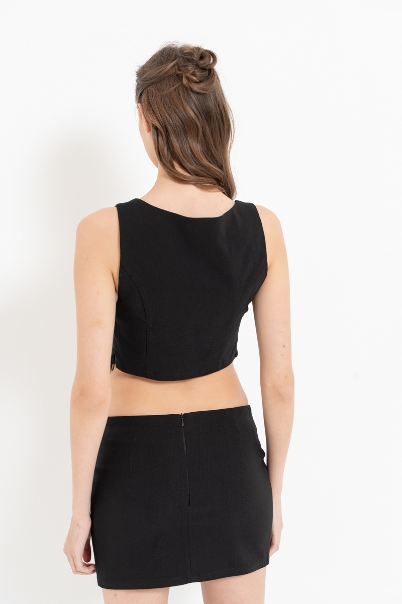 Black Bow-Accent Crop Top & Mini Skirt Set
