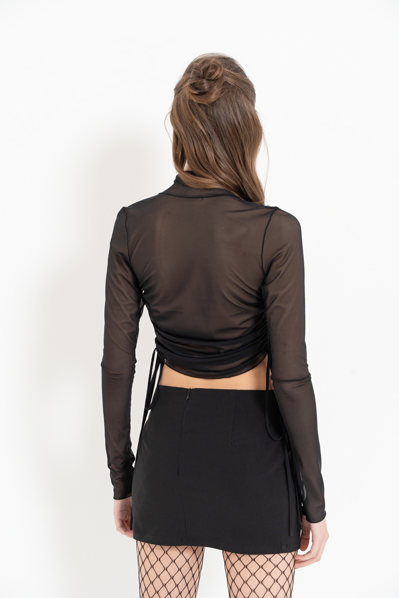 Wholesale Black Cross-Front Mesh Top