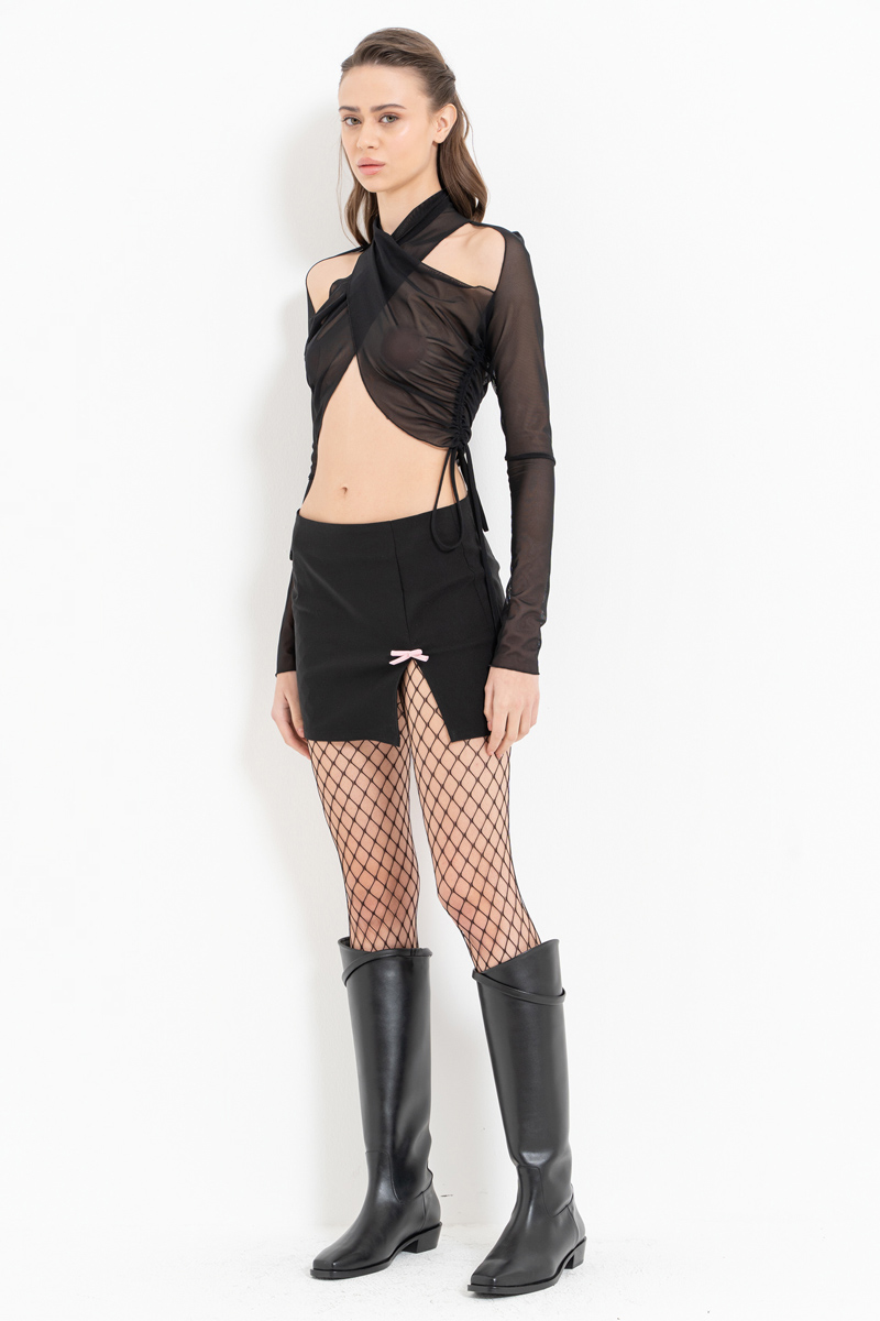 Wholesale Black Cross-Front Mesh Top