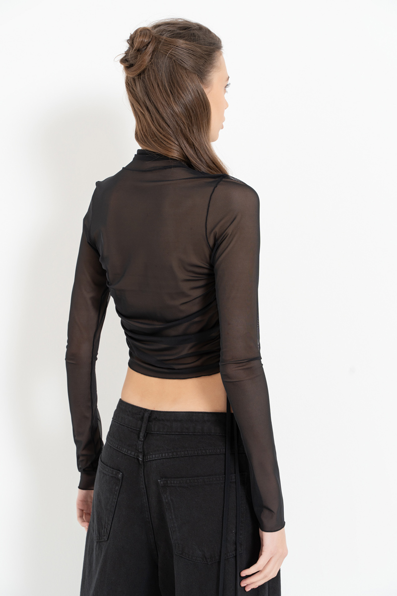 Wholesale Black Cross-Front Mesh Top