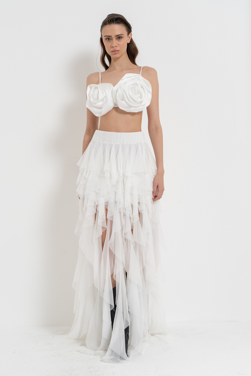 Wholesale Offwhite Tiered-Ruffle Mesh Skirt