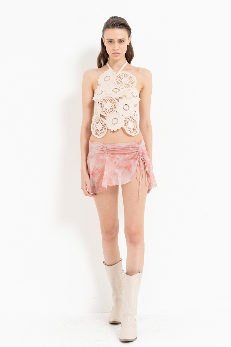 Beige Pink-White Printed Mesh Mini Skirt