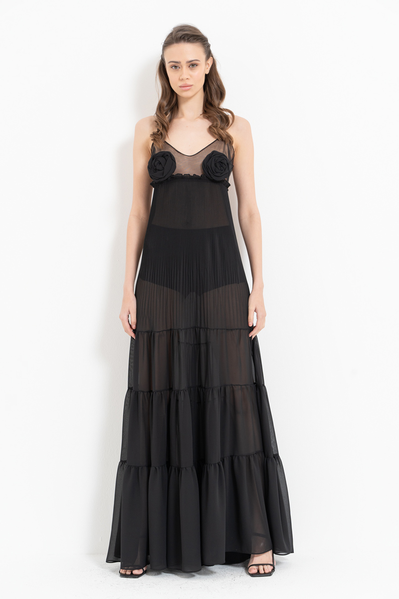 Black Rose-Accent Chiffon Maxi Dress