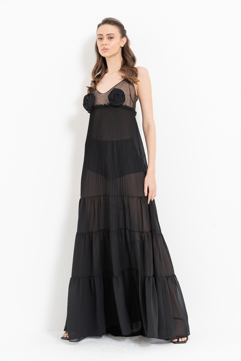 Wholesale Black Rose-Accent Chiffon Maxi Dress