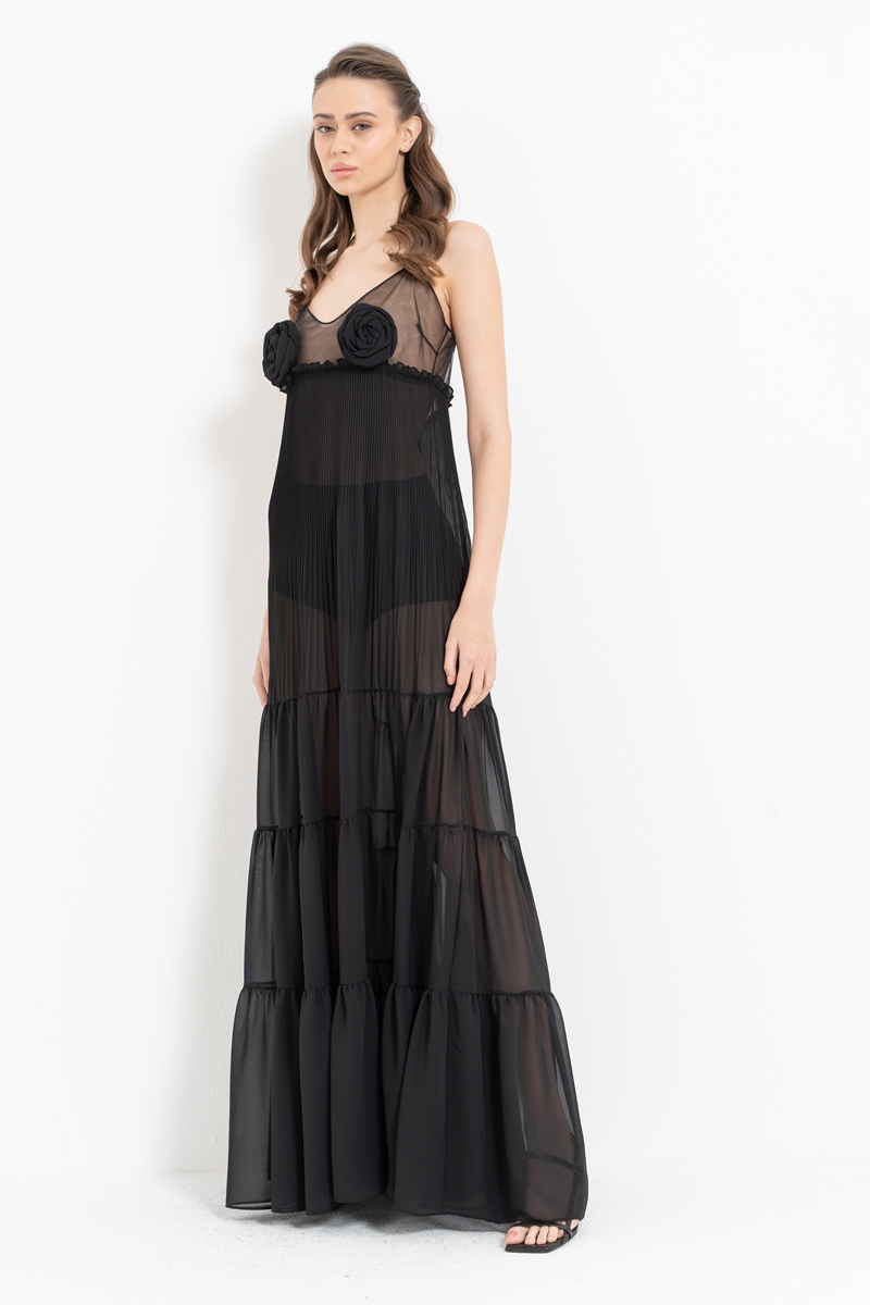 Wholesale Black Rose-Accent Chiffon Maxi Dress