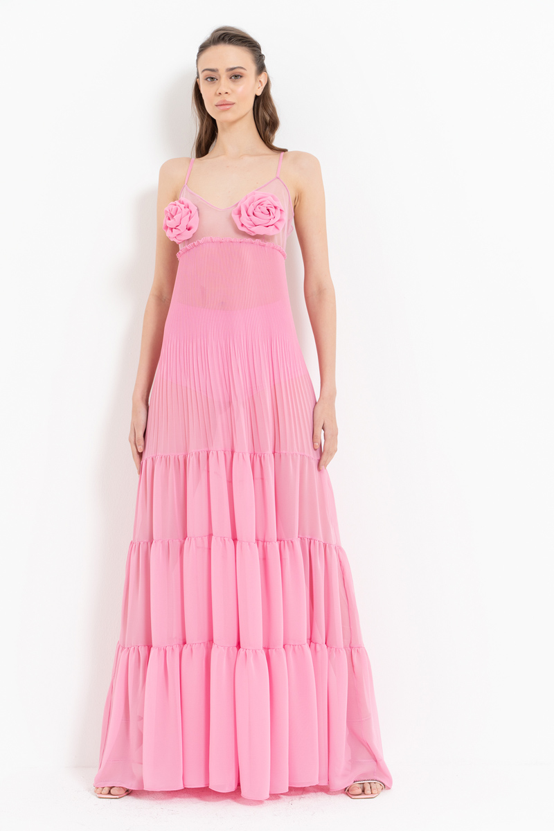 Wholesale New Pink Rose-Accent Chiffon Maxi Dress