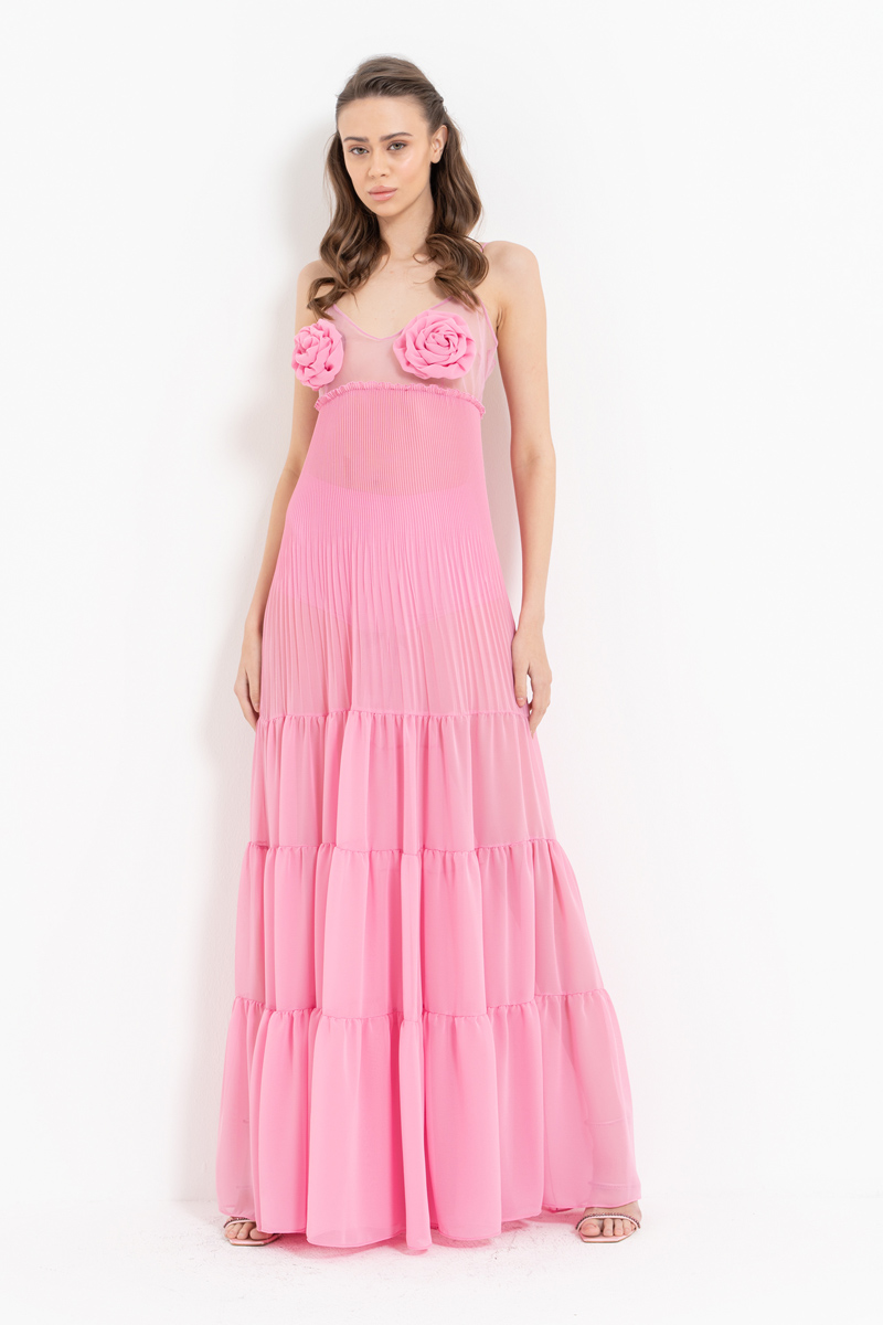 New Pink Rose-Accent Chiffon Maxi Dress