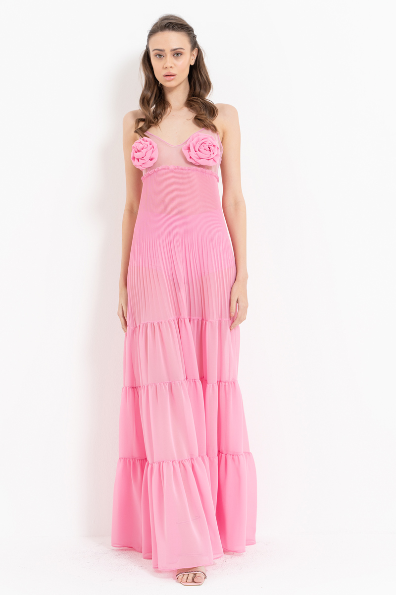 Wholesale New Pink Rose-Accent Chiffon Maxi Dress