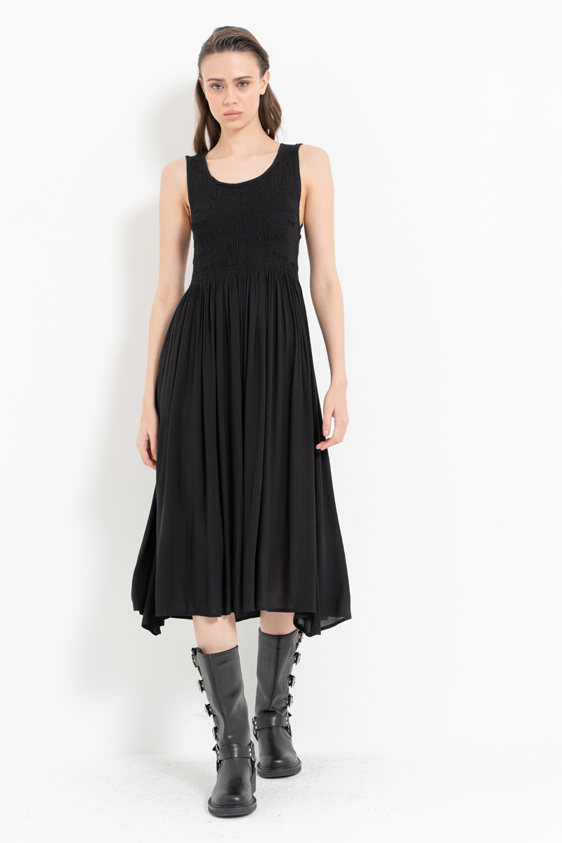 Black Wide-Strap Smocked Dress