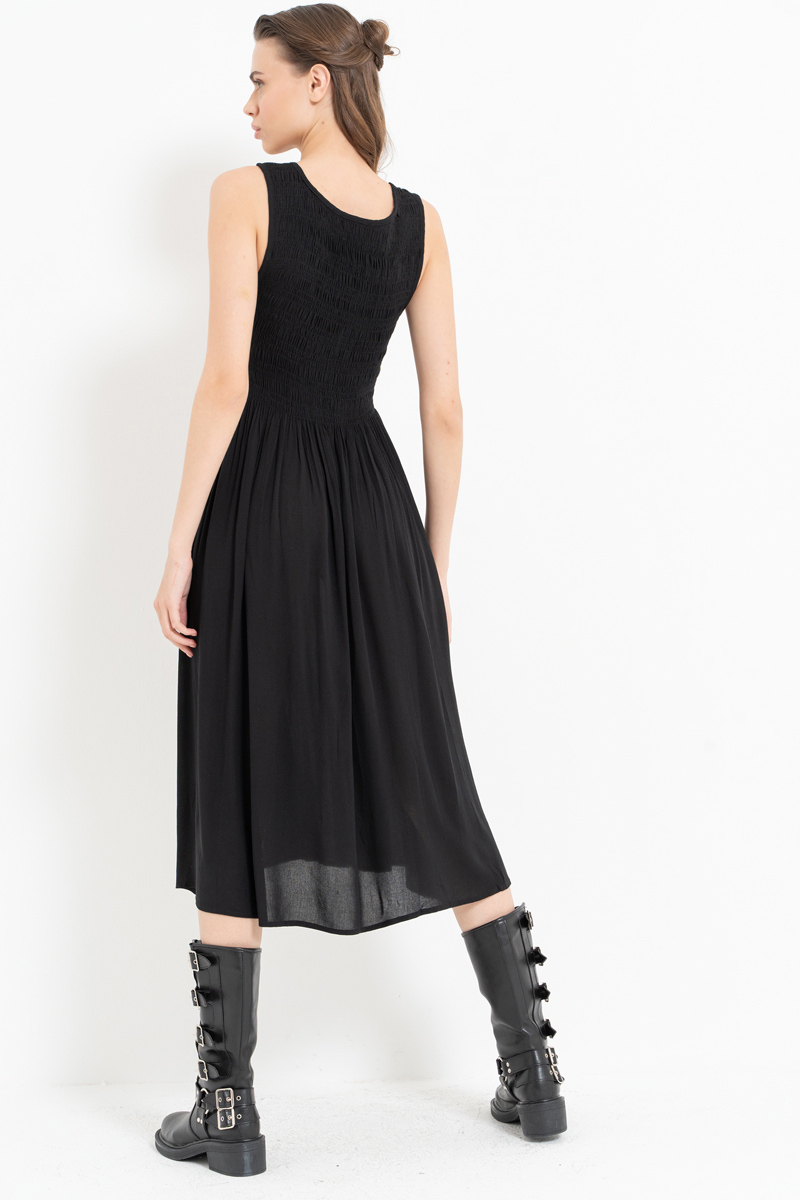 Black Wide-Strap Smocked Dress