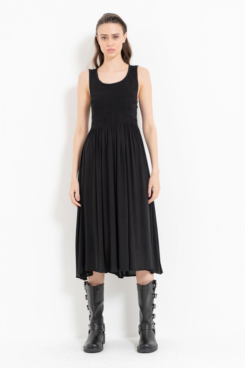 Black Wide-Strap Smocked Dress