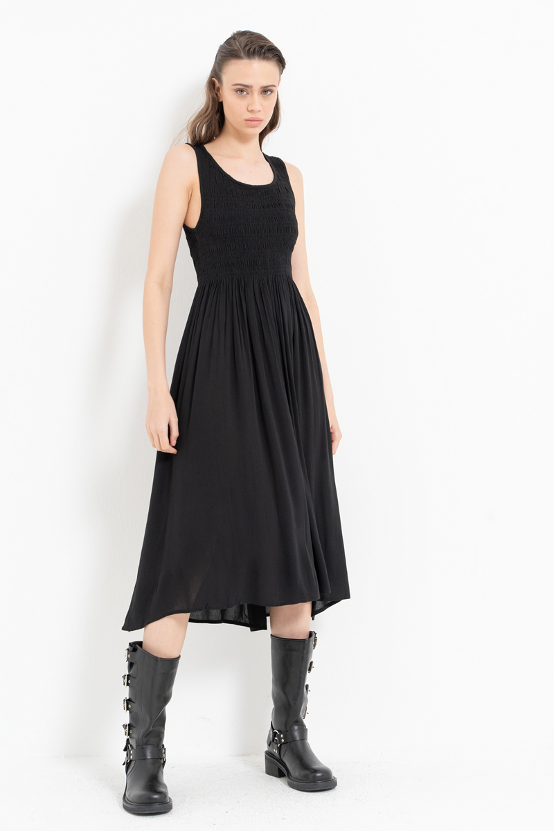 Black Wide-Strap Smocked Dress