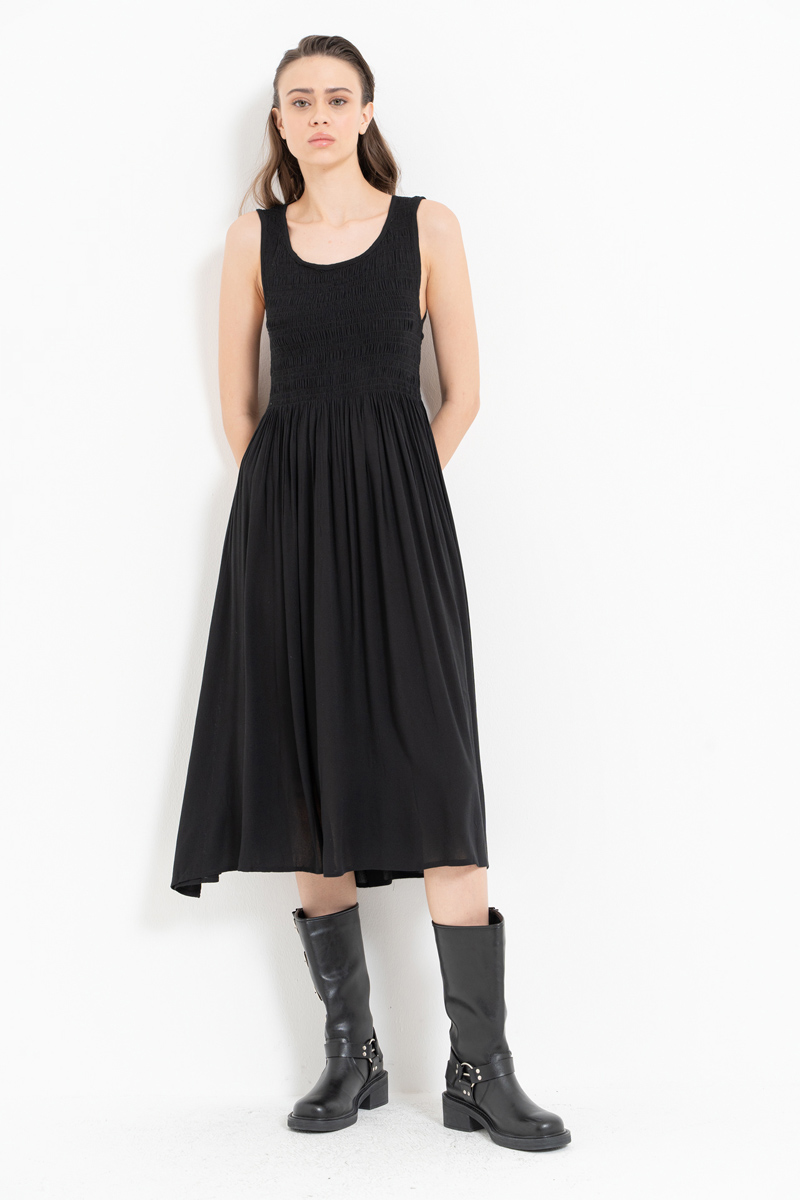 Black Wide-Strap Smocked Dress