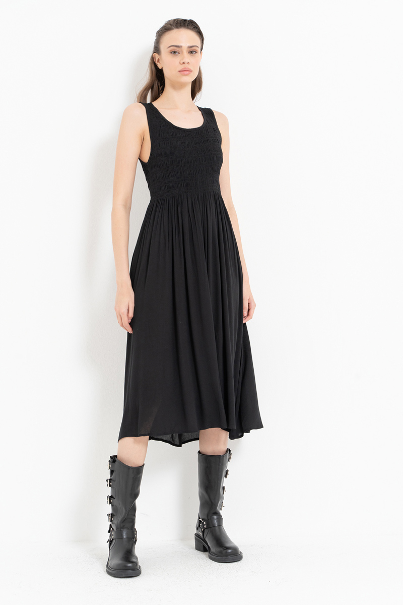 Black Wide-Strap Smocked Dress