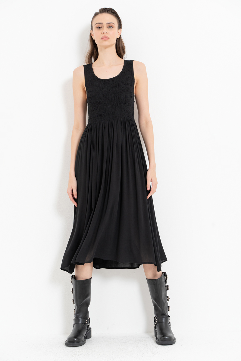 Black Wide-Strap Smocked Dress