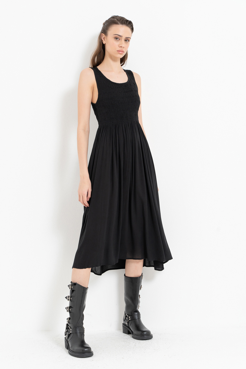 Black Wide-Strap Smocked Dress