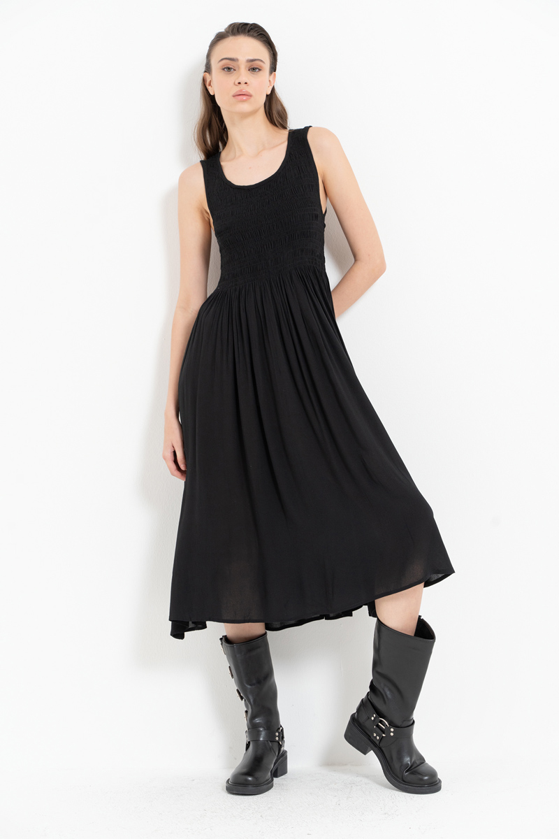 Black Wide-Strap Smocked Dress