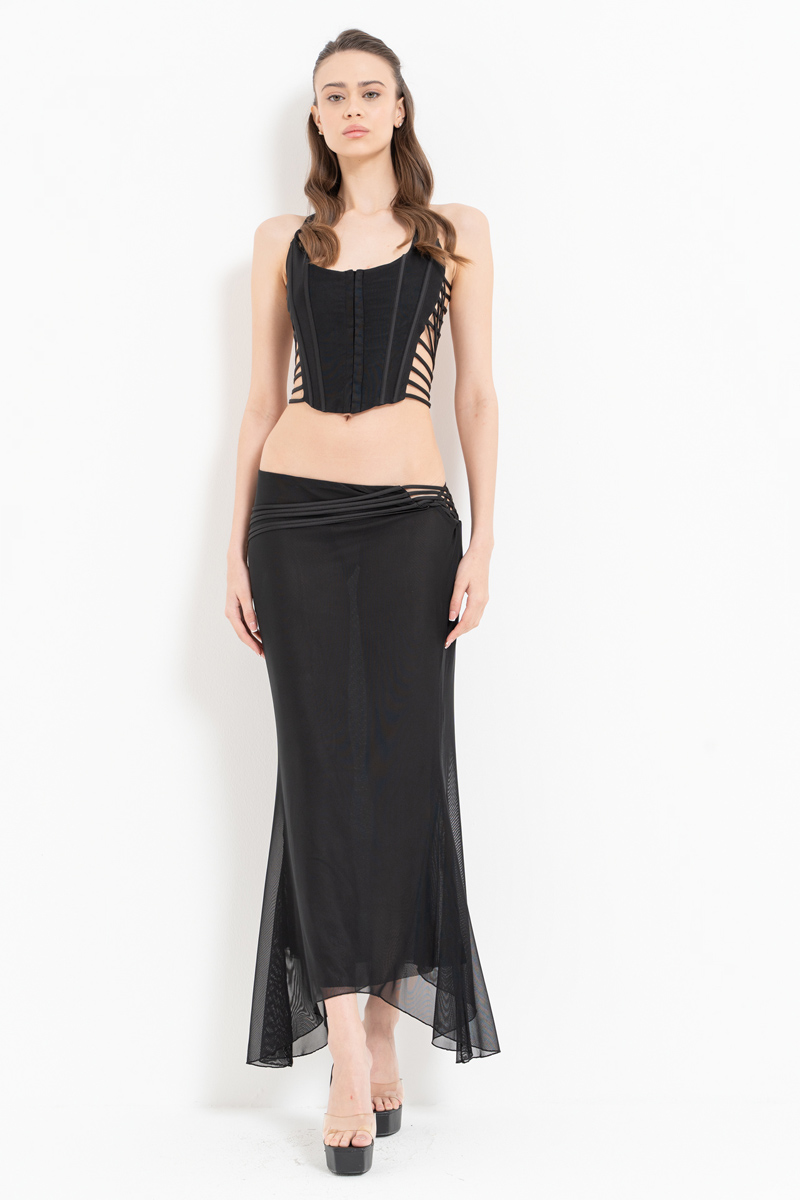 Wholesale Black Wired Strappy Crop Top & Mesh Skirt Set