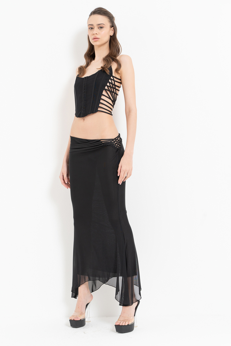 Black Wired Strappy Crop Top & Mesh Skirt Set