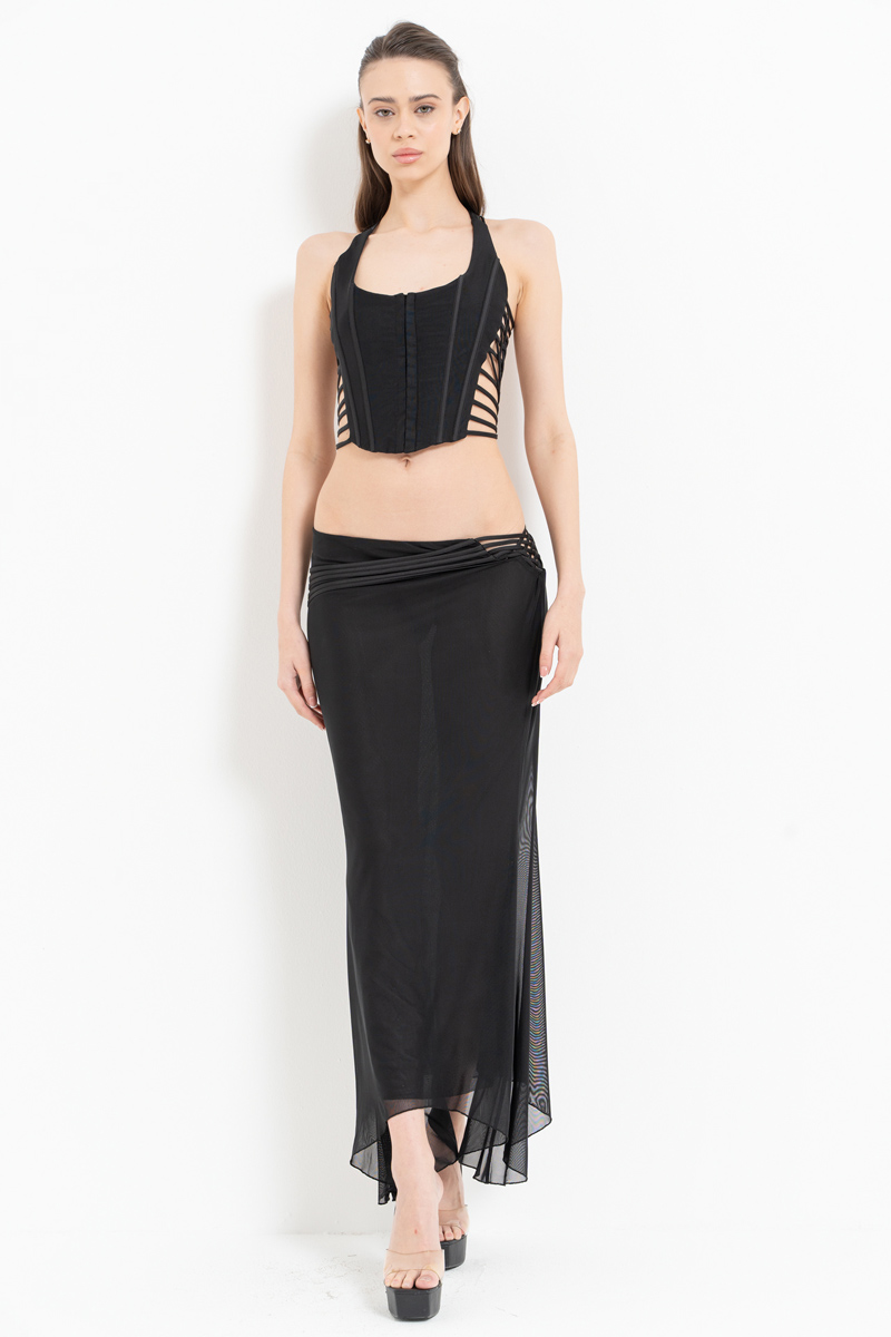 Black Wired Strappy Crop Top & Mesh Skirt Set