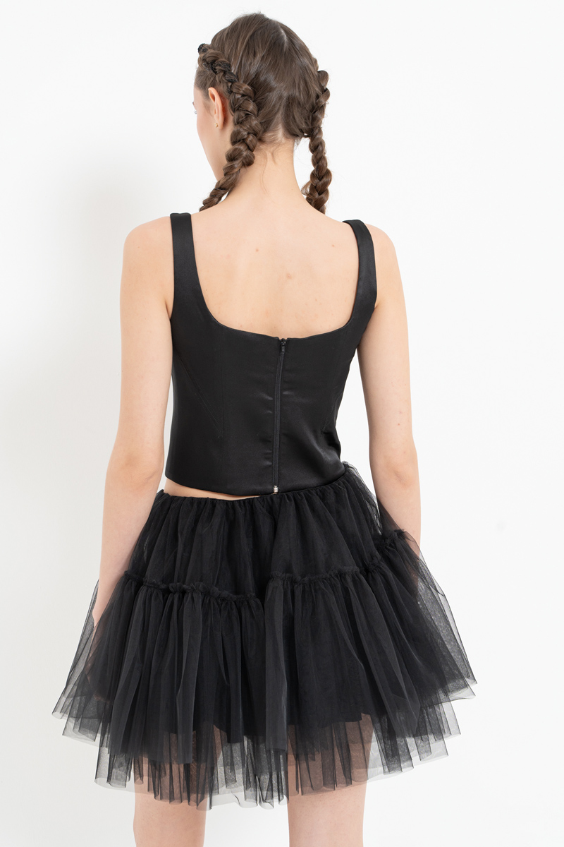 Black Square-Neck Satin Bustier