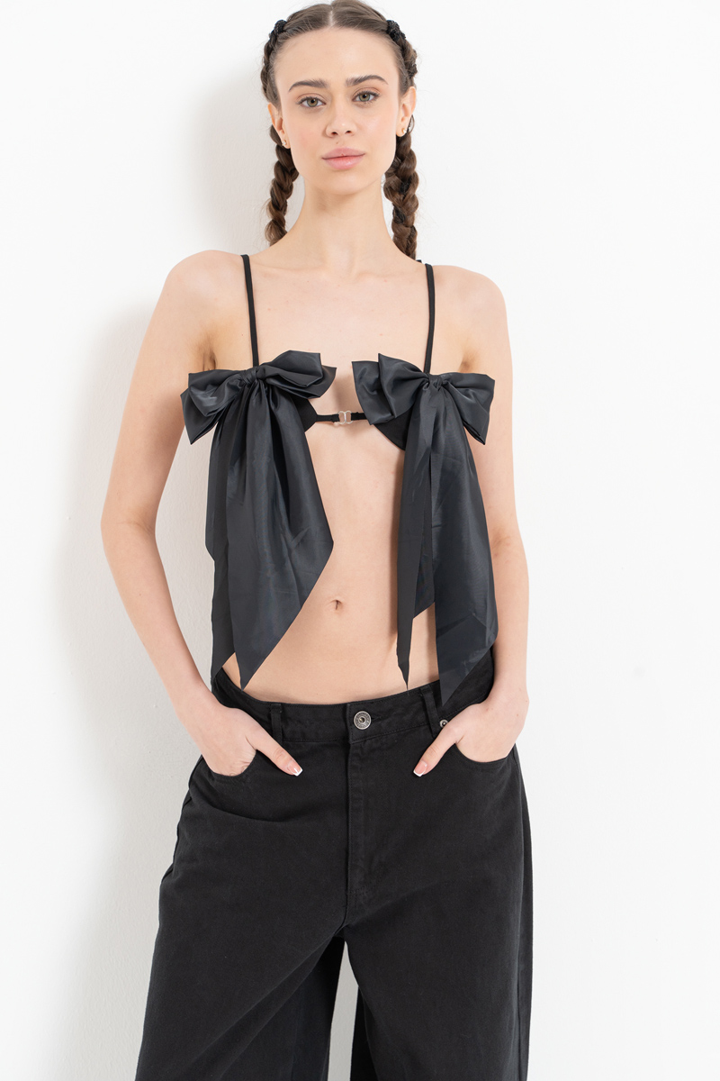 Black Bow-Accent Self-Tie Top