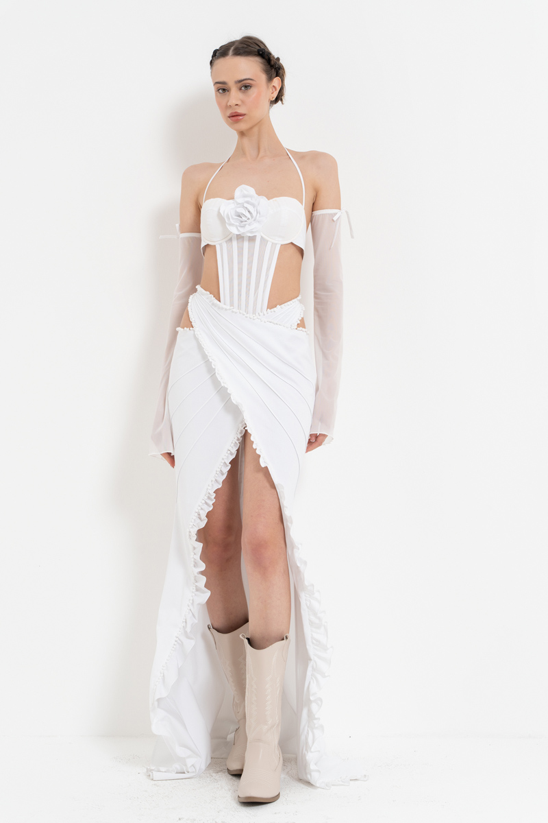 Offwhite Tie-Accent G-String Bodysuit & Gloves & Skirt Set