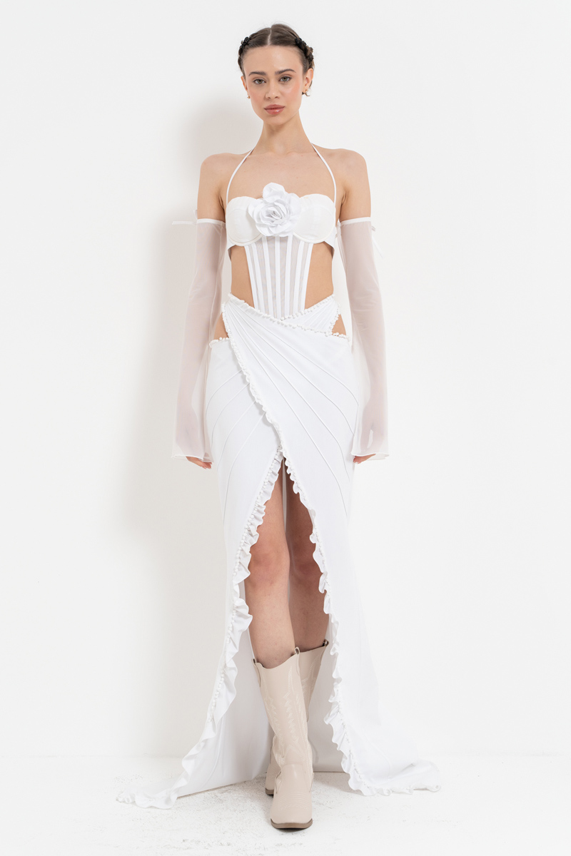 Offwhite Tie-Accent G-String Bodysuit & Gloves & Skirt Set