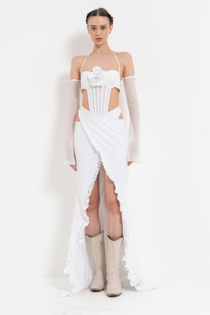 Offwhite Tie-Accent G-String Bodysuit & Gloves & Skirt Set