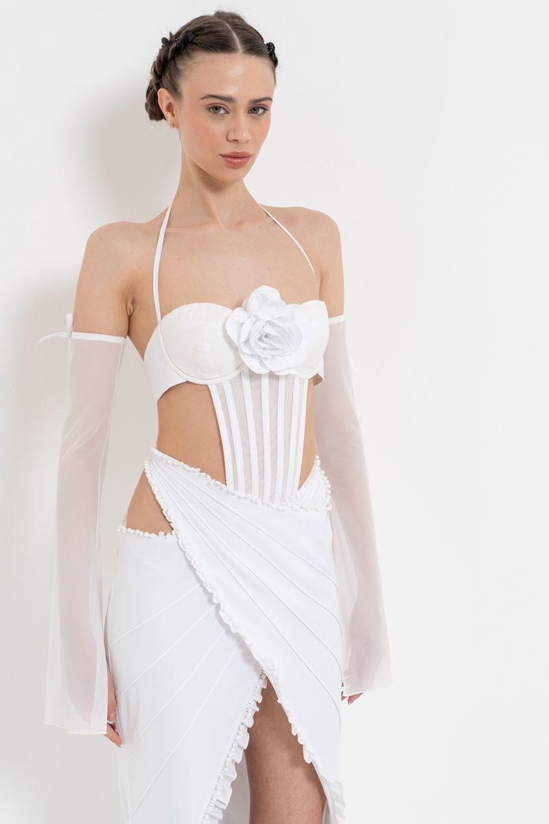 Offwhite Tie-Accent G-String Bodysuit & Gloves & Skirt Set