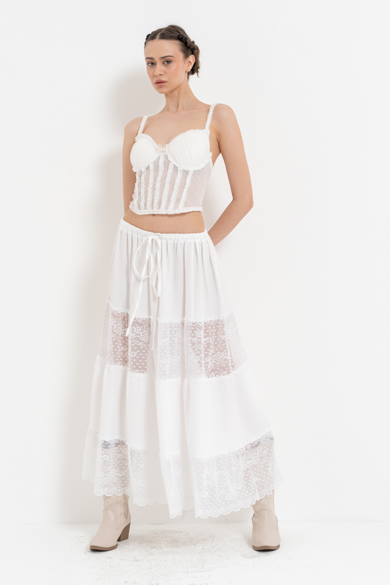 Offwhite Ruffle-Trim Mesh Bustier