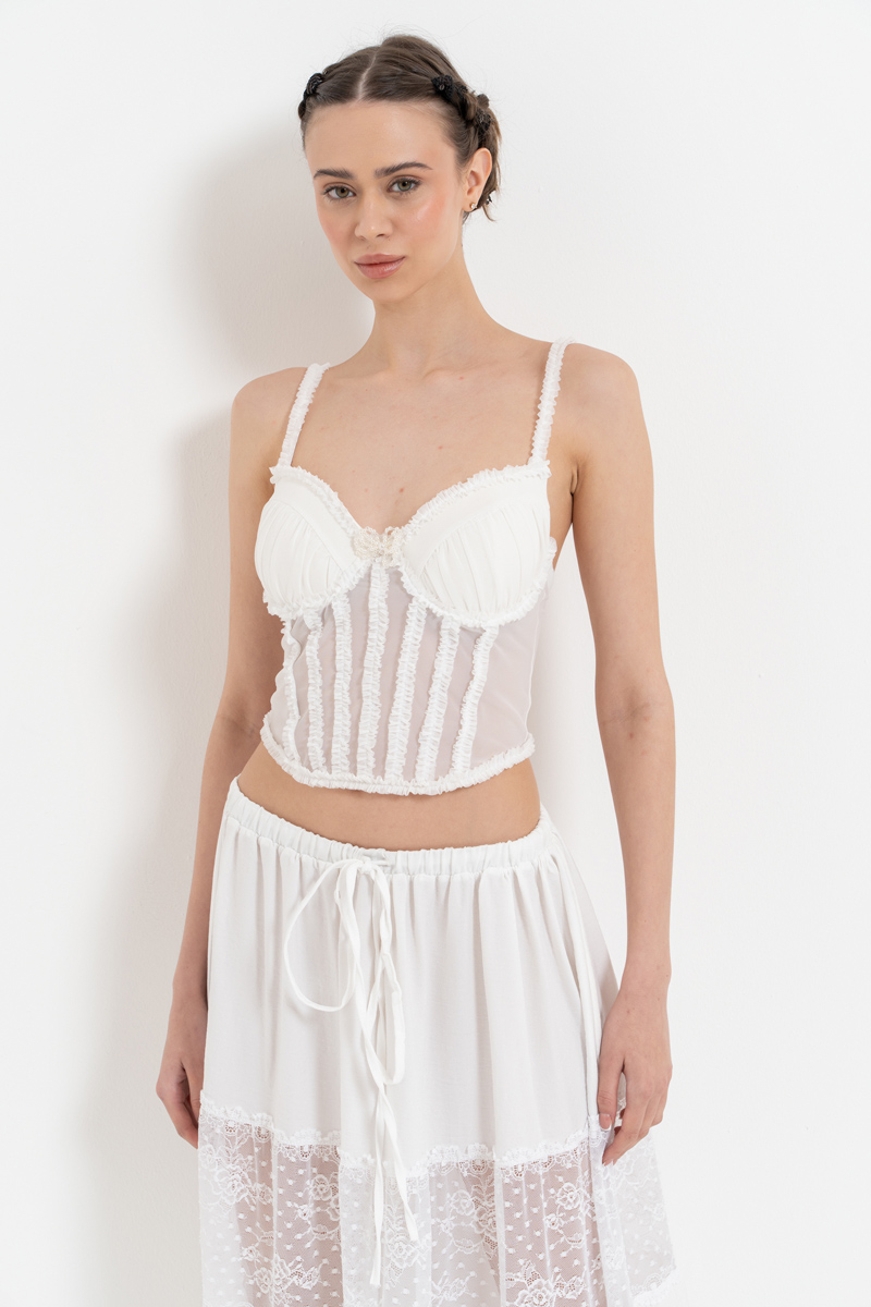 Offwhite Ruffle-Trim Mesh Bustier