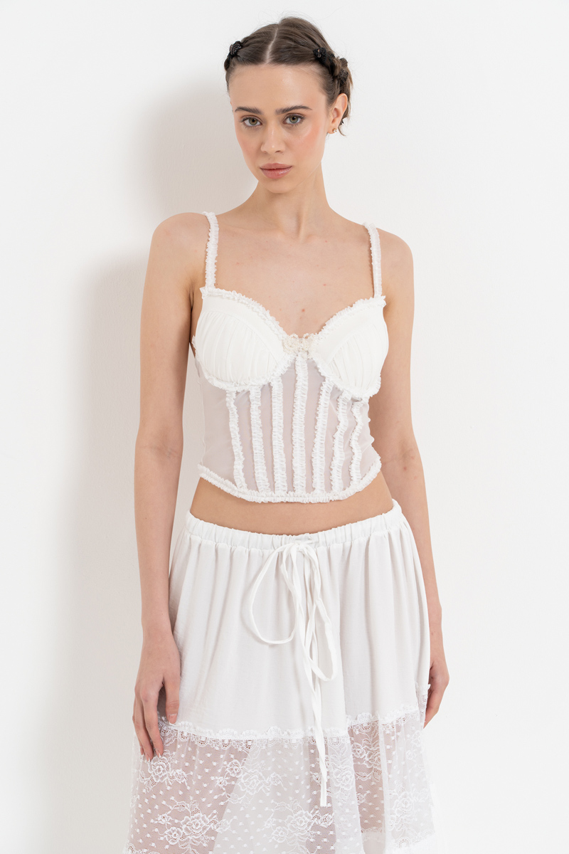 Offwhite Ruffle-Trim Mesh Bustier