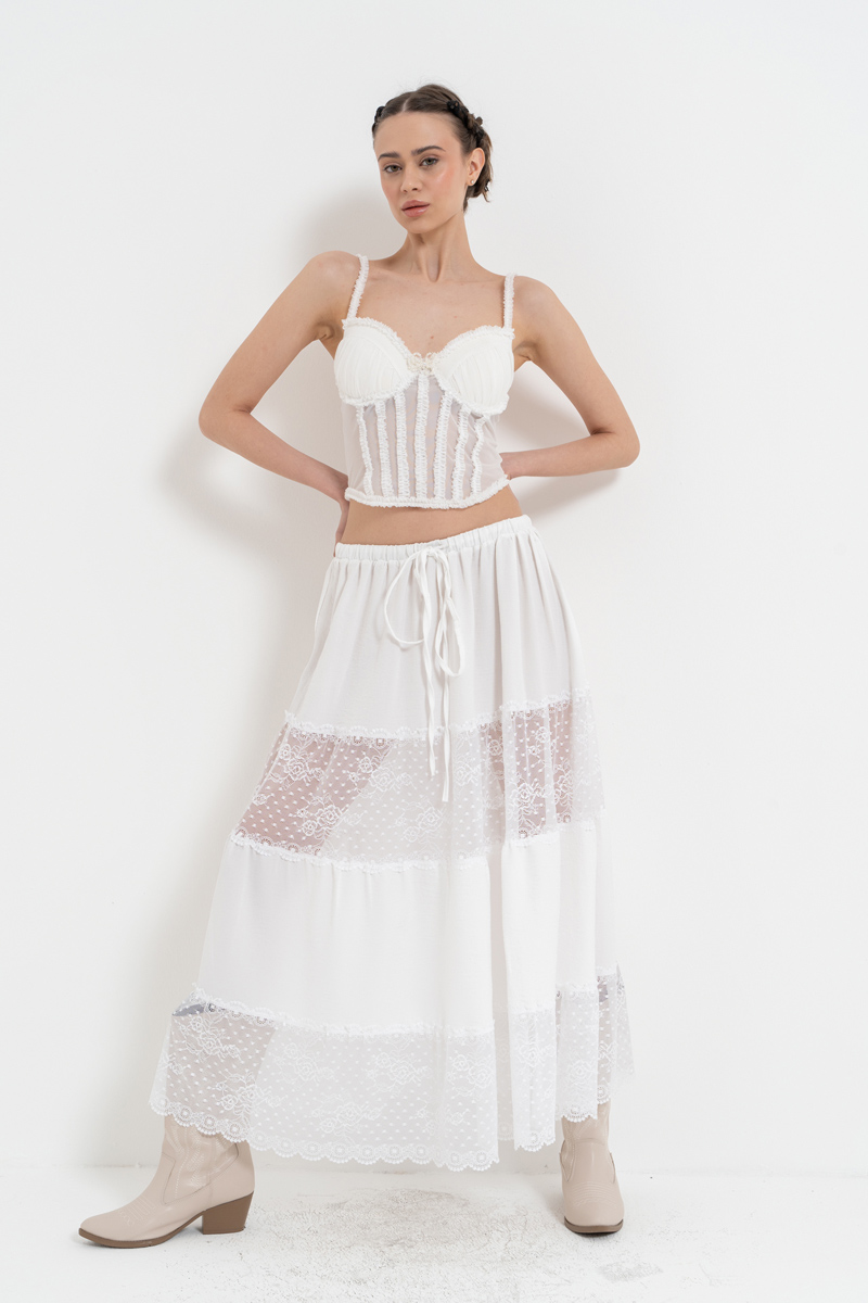 Offwhite Ruffle-Trim Mesh Bustier