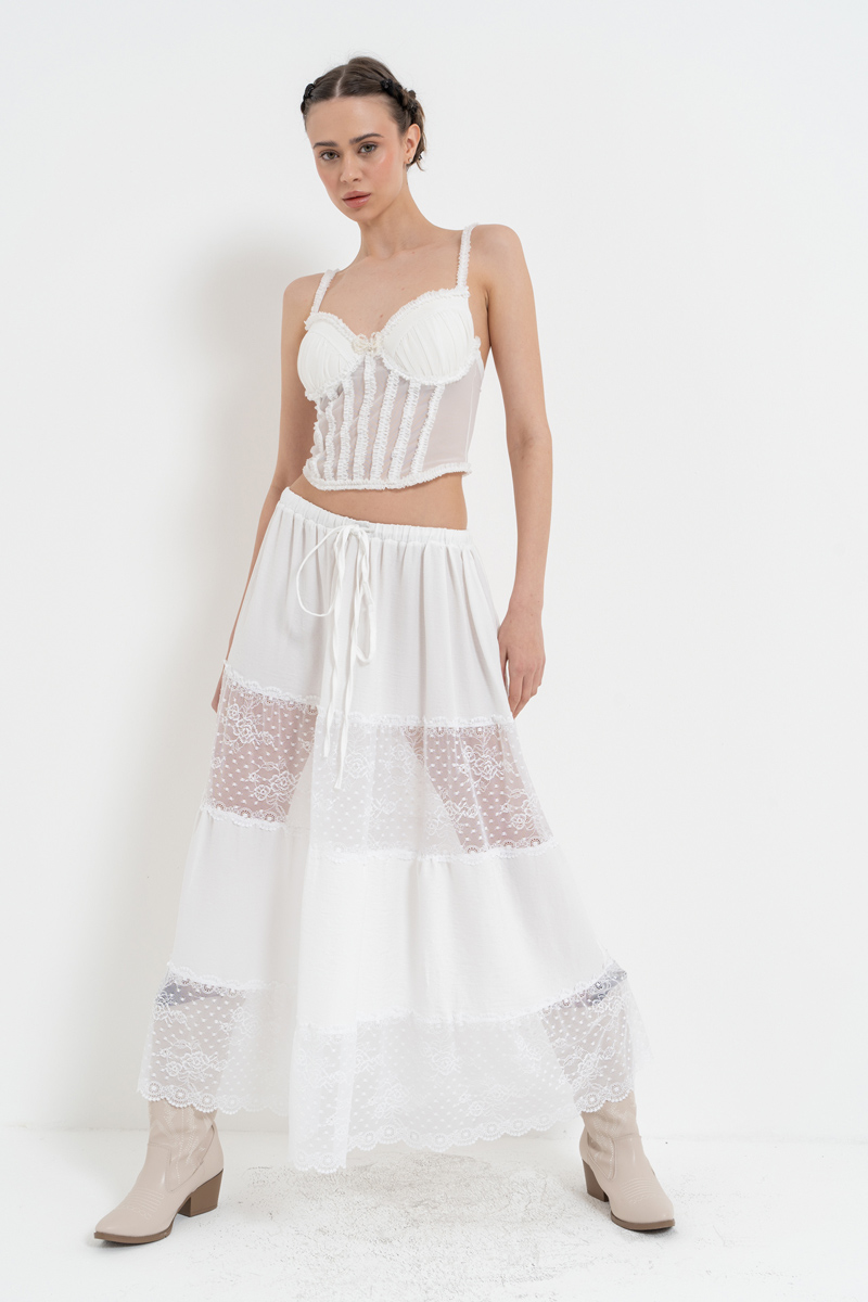 Offwhite Ruffle-Trim Mesh Bustier