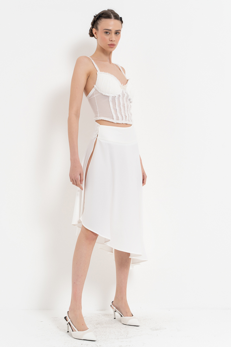 Offwhite Ruffle-Trim Mesh Bustier