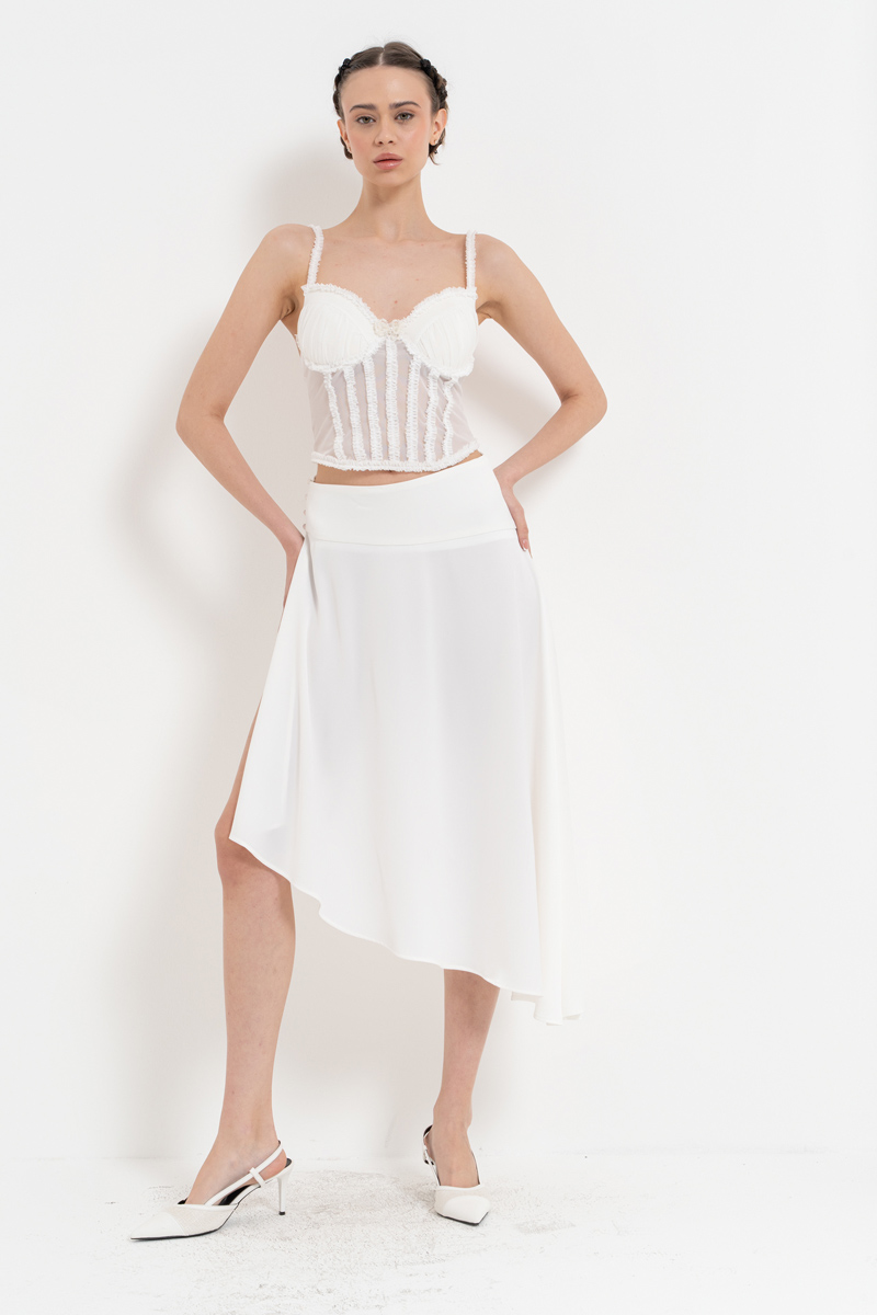 Offwhite Ruffle-Trim Mesh Bustier