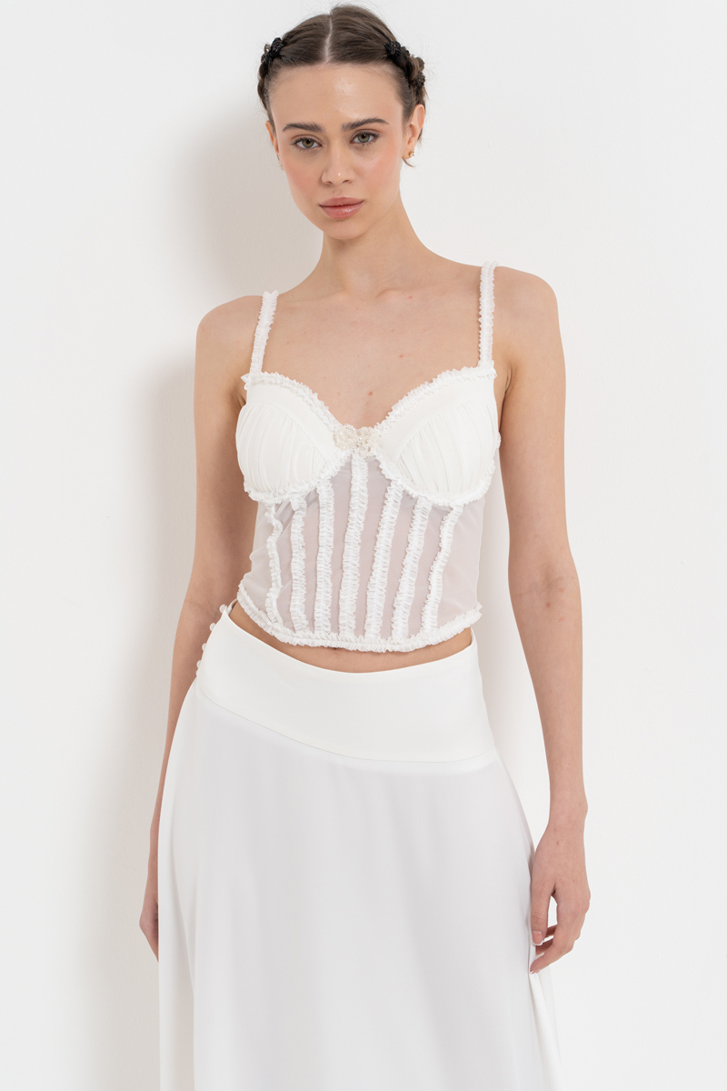 Offwhite Ruffle-Trim Mesh Bustier