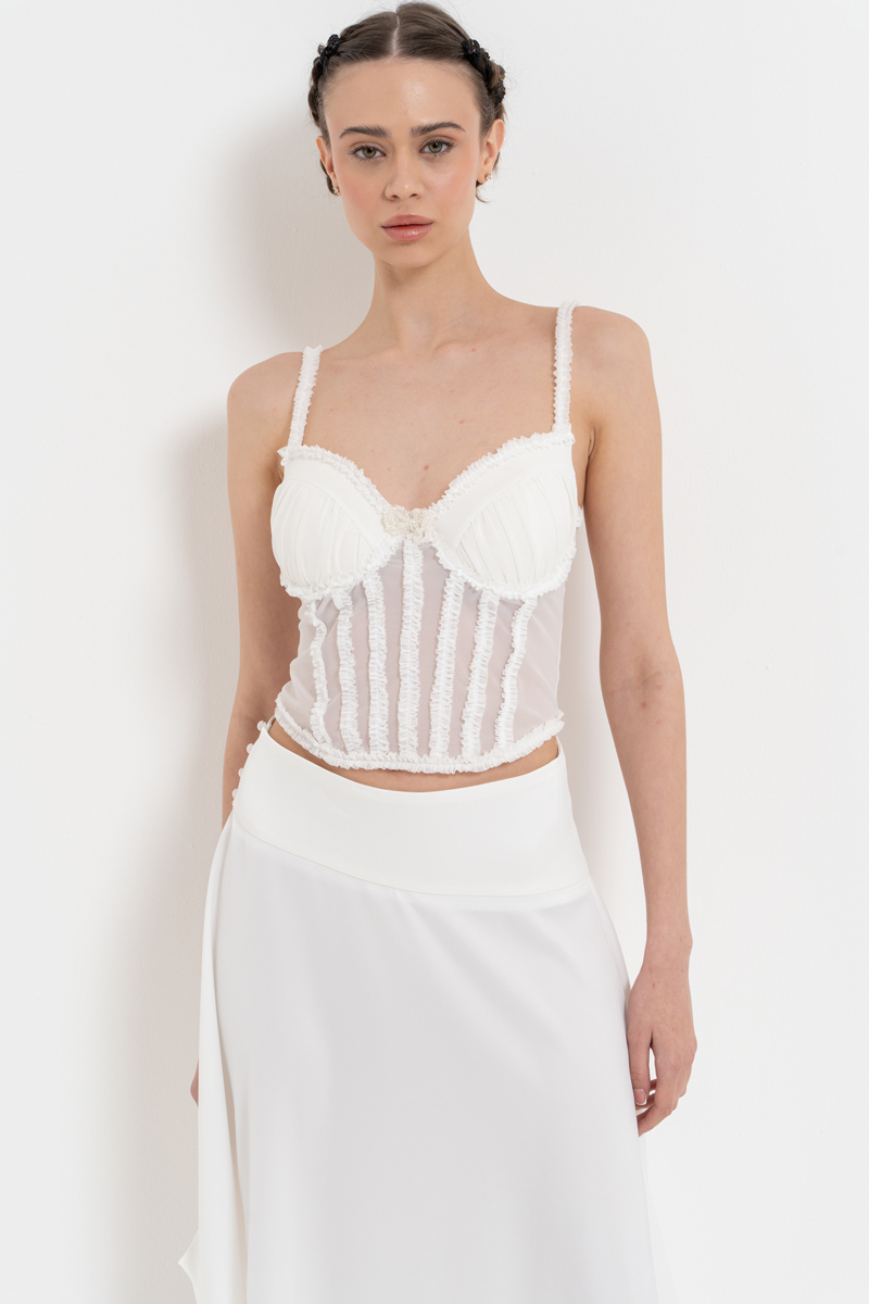 Offwhite Ruffle-Trim Mesh Bustier