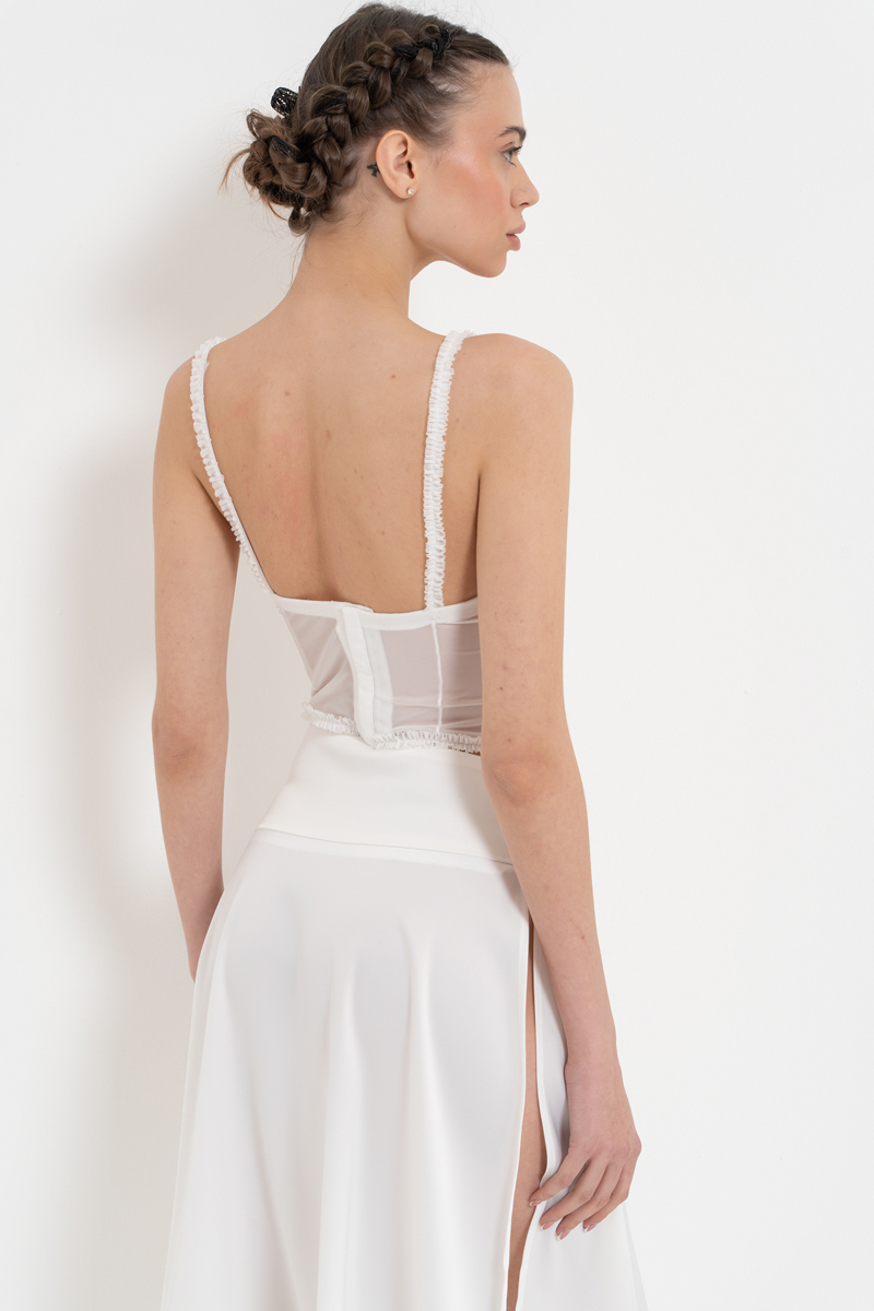 Offwhite Ruffle-Trim Mesh Bustier