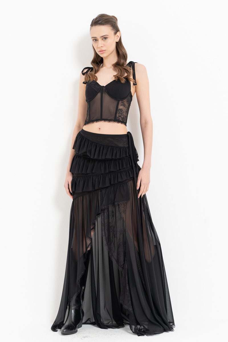 Black Wired Mesh Bustier & Ruffle-Trim Skirt Set