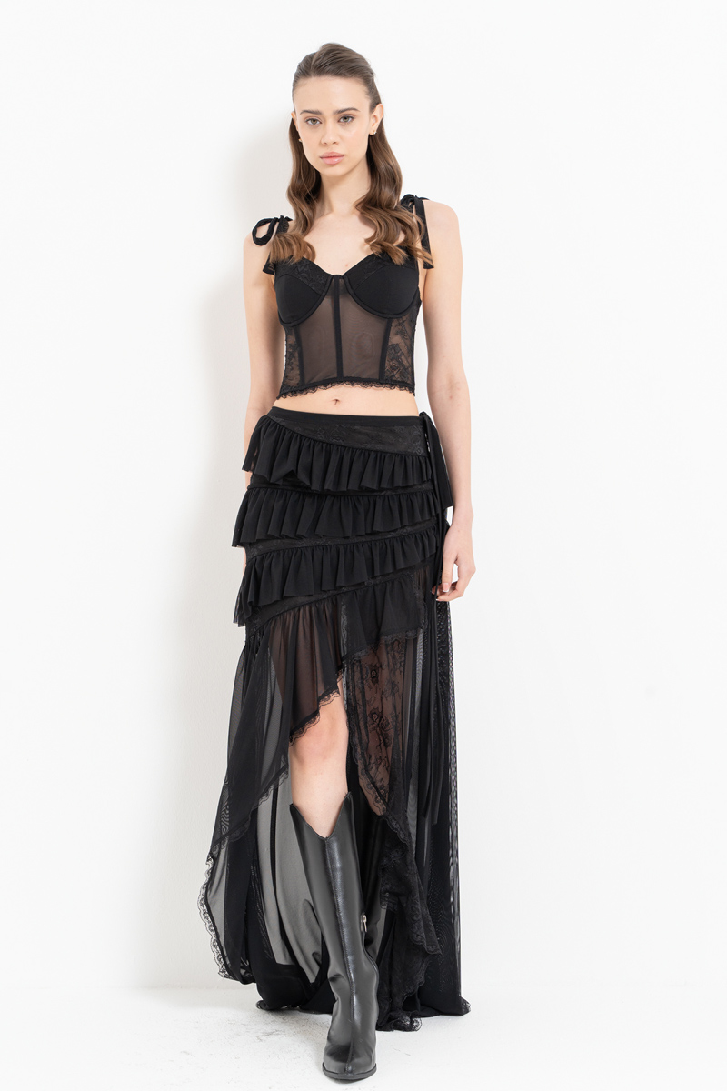 Black Wired Mesh Bustier & Ruffle-Trim Skirt Set