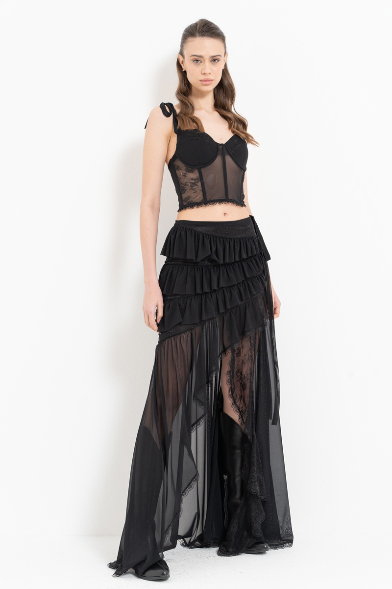 Black Wired Mesh Bustier & Ruffle-Trim Skirt Set